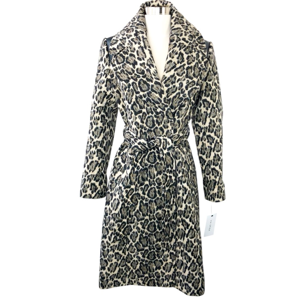 Leopard Trench Coat • Wool • VIA SPIGA Wrap Jacket Animal Belt Small Moss